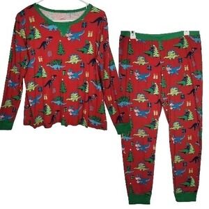 Wondershop Christmas Dinosaur 2PC Pajama Set Womens L Red Green Cotton Festive
